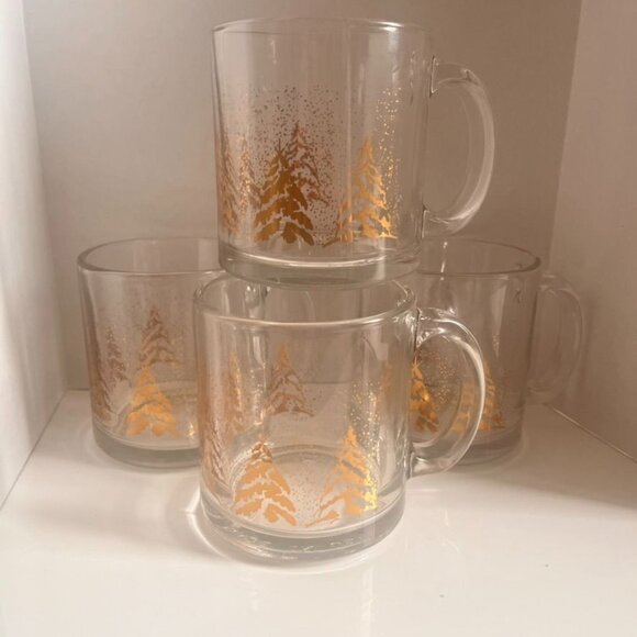 Vintage Dansk Golden Pines Glass Mugs Set Of 4 Versatile Holiday Christmas Winte - Picture 3 of 5